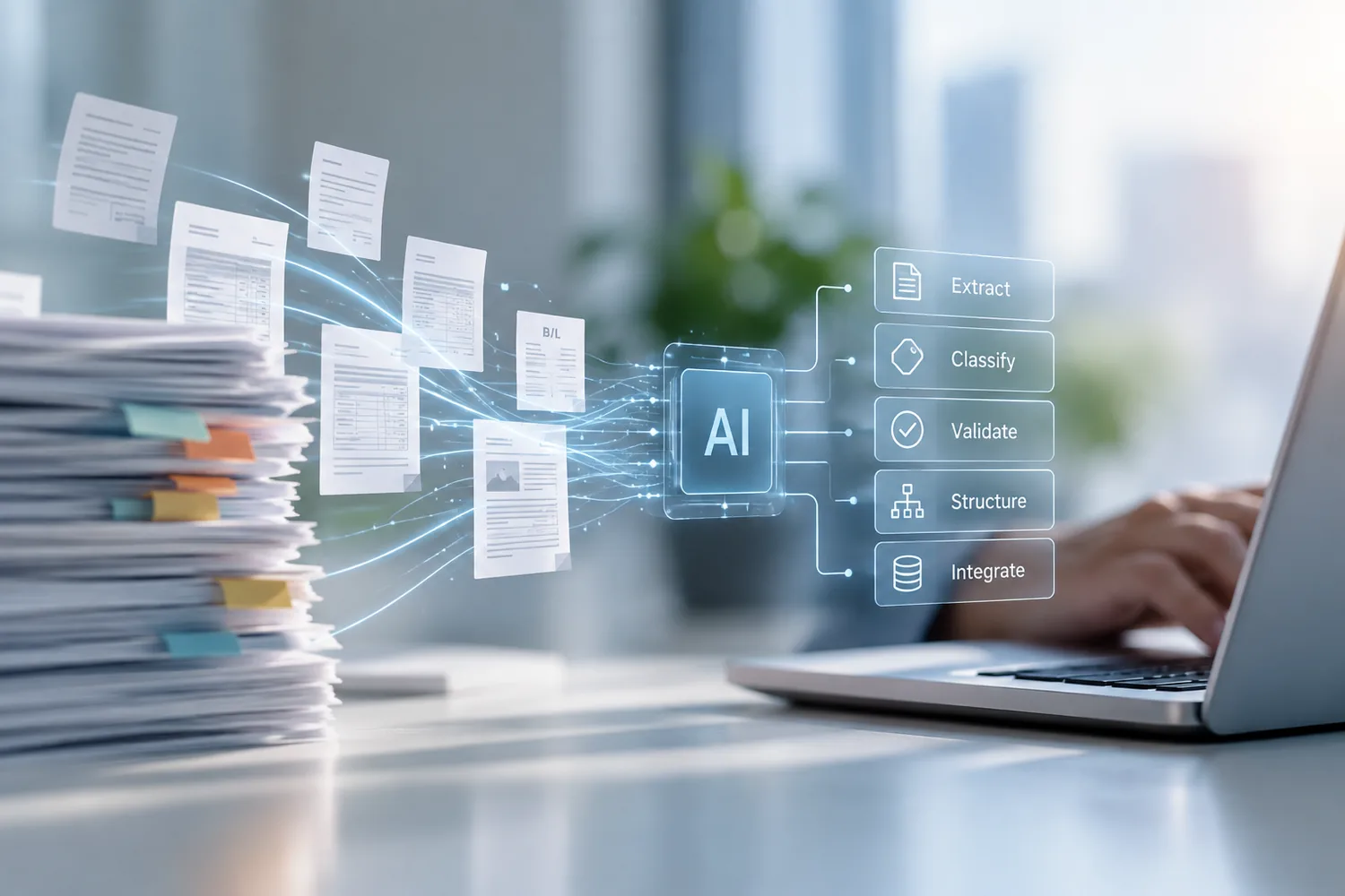 A stack of documents on a desk being read by an AI engine, alongside extract, classify, validate, structure and integrate steps